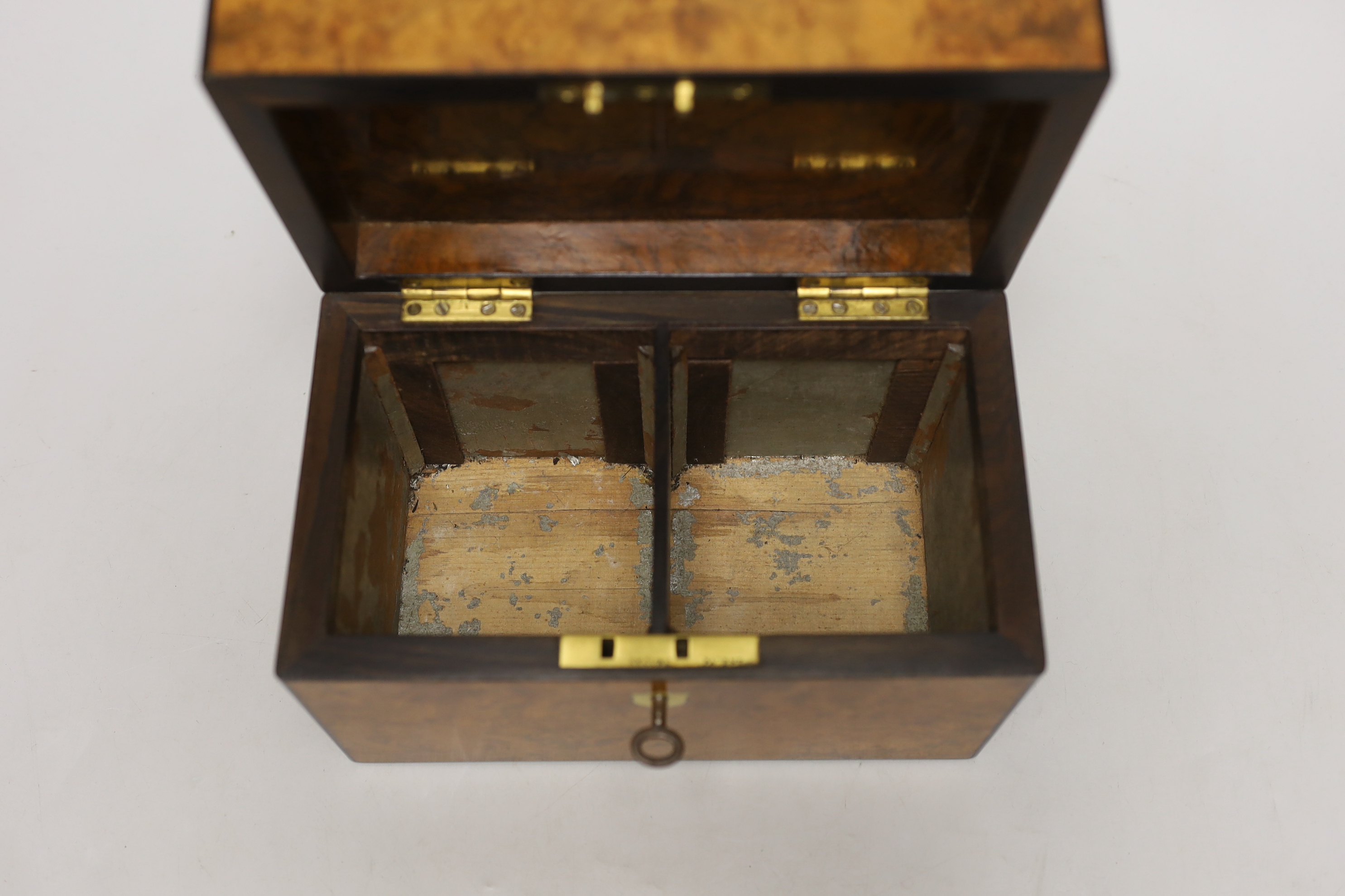 A 19th century burr walnut veneered tea caddy, with divisional interior and internal covers, 20cm wide